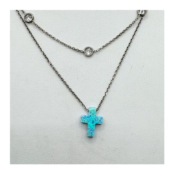 Sterling Silver Double Layer Opal Cross Necklace Bezel Set CZ Crystals Turkey - Picture 10 of 14